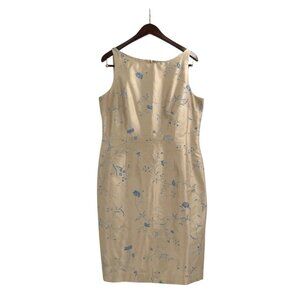 Vintage Ann Taylor f100% Silk Dress  Size 14 Champagne Blue Floral Embroidery